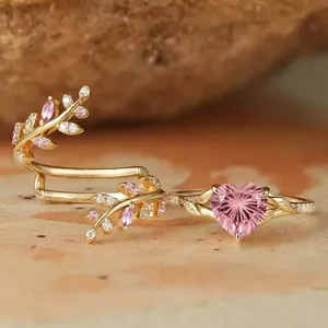 Anelli ZhuQian all'ingrosso con zirconi a forma di cuore rosa dolce per donna, gioielli di lusso placcati oro a più strati con rami delicati e brillanti - Product Image 4
