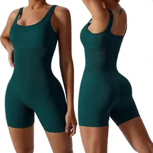 Hoge Rekbare Deep U Halslijn Strakke Mouwloze Geribbelde Buikcontrole Naadloze Fitness Yogakleding Jumpsuits Bodysuits