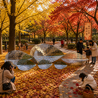 Grand jardin thermique avec des sculptures de feuilles en acier inoxydable poli, style Feng Shui moderne