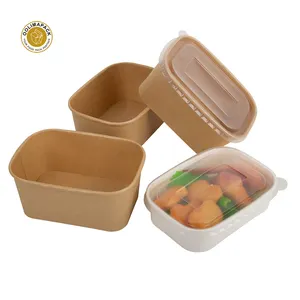 Wholesale Restaurant Take Away Food Rectangle Bowl Disposable Kraft Paper Square Bottom Salad Bowl Lunch Box With Lid