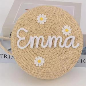 Custom Straw Weave Embroidered Name Flower Zipper Closure Crossbody <b>Bag</b> Interior Pocket Unlined Lining for Girls Travel Beach - Product Image 4