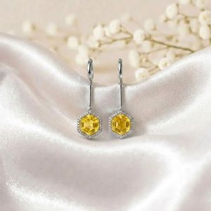 Yellow Lemon Quartz Gemstone <b>Earrings</b> with Cubic Zirconia Hexagon Drop Accent Faceted Natural Stone <b>Fine</b> <b>Earrings</b> Minimalist - Product Image 4