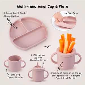 Ensemble d'alimentation pour bébé en silicone 13 pièces, ustensiles de sevrage pour tout-petits, assiette et bol à ventouse, 3 tasses à bec réglables avec paille - Product Image 3