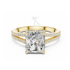 Anillo de compromiso de corte radiante en oro amarillo con tallo dividido, diamantes pavé y halo oculto. Anillo nupcial llamativo y elegante para aniversario. - Product Image 2