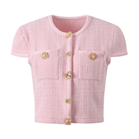 Ensemble jupe et haut en tricot pour femme, sur mesure OEM, vente en gros, haute qualité, tweed rose, boutons décoratifs, 2 pièces