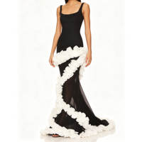 Robe longue de soirée pour femme, à col carré, à bretelles larges, ajustée, transparente, à volants en spirale, noir et blanc - Fournisseur vérifié de Chine