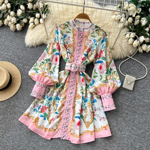 ชุดเดรสพิมพ์ลายคอวีแขนโคมสไตล์พระราชวังสำหรับผู้หญิง รุ่นฤดูใบไม้ผลิ/ฤดูร้อนสไตล์เกาหลี รัดเอว ทรงเอเข้ารูปลายดอกไม้ - Product Image 6