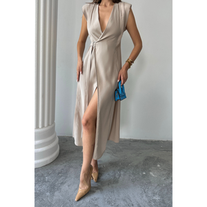 Elegante Vestido Beige sin Tirantes de Tela Modal con Detalle Translúcido, Estilo Dulce, Tipo Cruzado, Acolchado, sin Mangas, Hueco, Ideal para Club Nocturno - Product Image 3