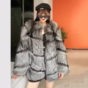 Winter Kleding Voor Vrouwen Mid-Lengte Mode Harige Custom Luxe Real Sliver Fox Fur Coat