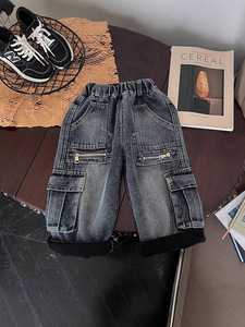 Jeans en molleton pour enfants-Pantalons longs épais et chauds pour garçons d'hiver-Pantalons de travail rétro multi-poches - Product Image 6