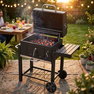 Griglia BBQ a Carbone Mobile con Tavolo Laterale e Ganci Portautensili, Carrello Barbecue da Esterno di Grande Capacità per Giardino - Product Image 2