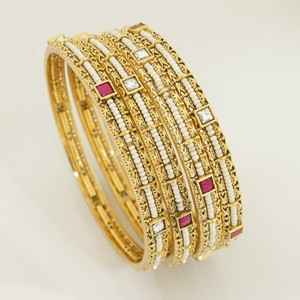 Traditional Imitation Trendy Slim Gold Plated Brass Bangle Set White Pearls Pink <b>Ruby</b> Stones for Women Girls Wedding Set 4 - Product Image 4