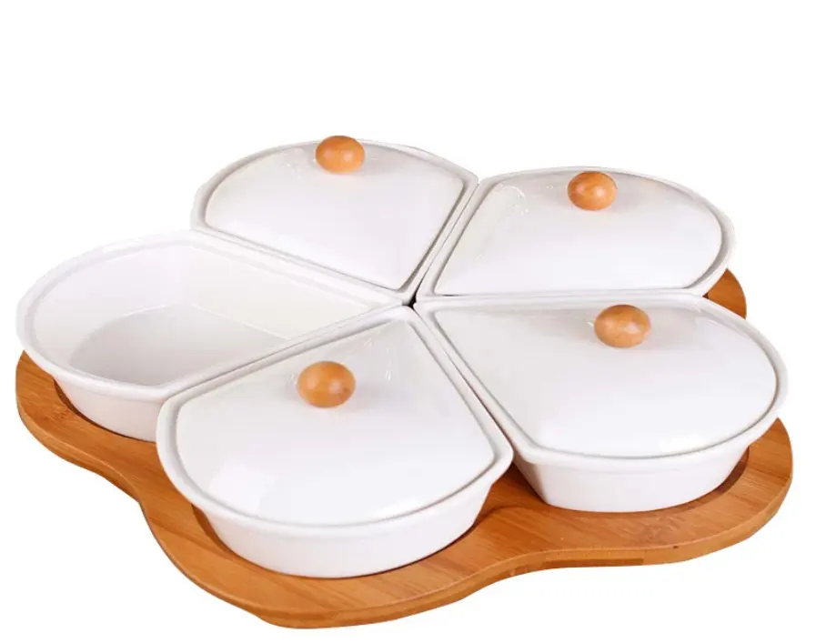 Cinq sets de plats froids, vaisselle en porcelaine, fleur de prunier, couverture assortie, originale, en bambou, bonne qualité