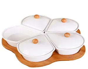 Kitchen Cold Dishes Articles Five Set Plum Blossom Porcelain Cover Assorted Originality Do Compote Bamboo Snack Dish