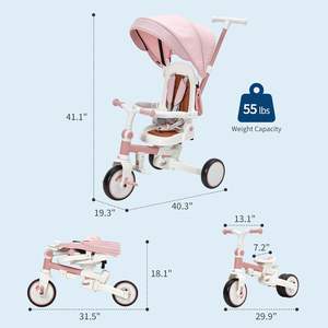 7-in-1 Adjustable Pink <strong>Trike</strong> for Kids Foldable Baby Tricycle Parent <strong>Handle</strong> <strong>Toddler</strong> Safety Harness Wheel Brakes Removable - Product Image 4