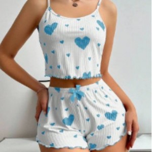 Conjunto de Pijama de Verano para Mujer con Estampado de Corazones, Corte Holgado, Cuello Redondo, Top Corto sin Espalda y Pantalones Cortos, Ropa de Estar en Casa - Product Image 3