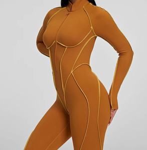 Viviblook Z310JP03 Mono ajustado sexy para mujer, mono informal de manga larga con costuras en contraste y cremallera, mono de una pieza - Product Image 4