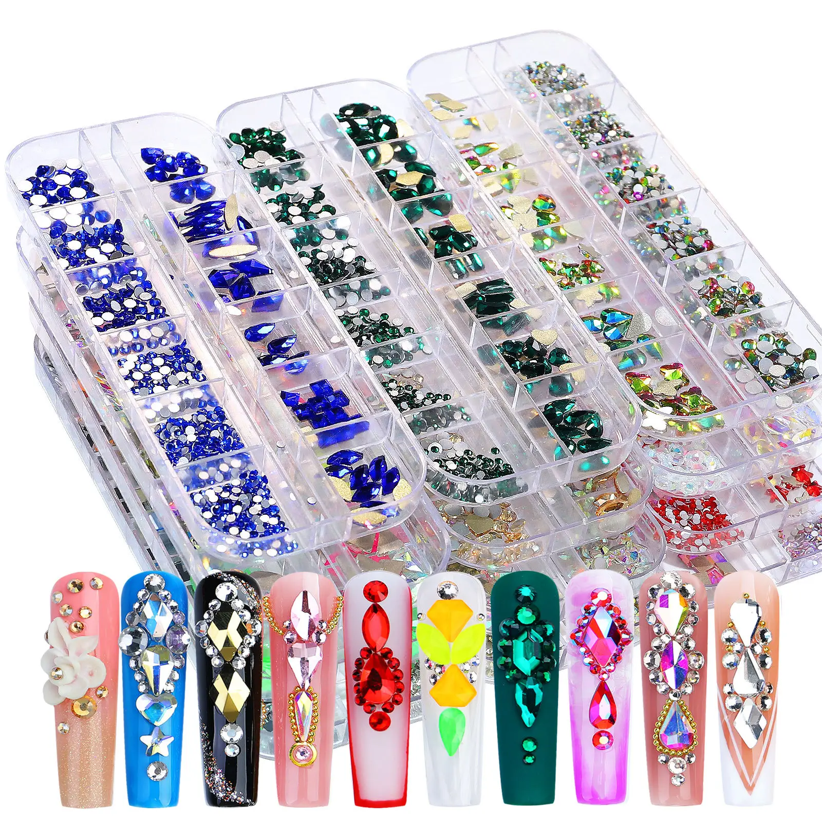 12 Grid Best Seller Nail Stone Nail Rhinestones Crystal AB kit Multi Shape Glass Diamonds Nails Art Rhinestone Decoration