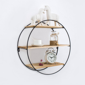 Étagère murale géométrique ronde en fer forgé - Étagère flottante rustique en bois à plusieurs niveaux pour l'organisation de la maison - Product Image 5