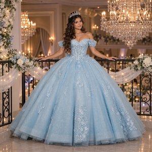 Lsdz023-Pz Luxury Sky Blue Structured Basque Bodice Botanical <b>Lace</b> <b>Appliques</b> Chiffon Sweetheart Neck Shoulder Shimmer Ball Gown - Product Image 5