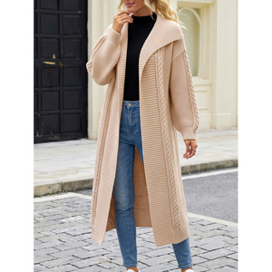 <span class=keywords><strong>Cardigan</strong></span> long décontracté en maille torsadée pour <span class=keywords><strong>femme</strong></span>, col à revers, coupe oversize, devant ouvert, style manteau - Product Image 2