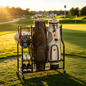 Estante de Almacenamiento para Palos de <span class=keywords><strong>Golf</strong></span> para Tiendas de <span class=keywords><strong>Golf</strong></span> y Clubes, Soporte Rodante Doble para Bolsas de <span class=keywords><strong>Golf</strong></span> con Cestas de Malla y Estantes para Zapatos - Product Image 4