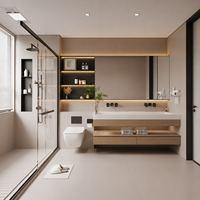 Ensemble de meuble-lavabo de salle de bain moderne en bois crème Elite avec vasque longue intégrée et miroir LED rétroéclairé pour projet de villa de luxe