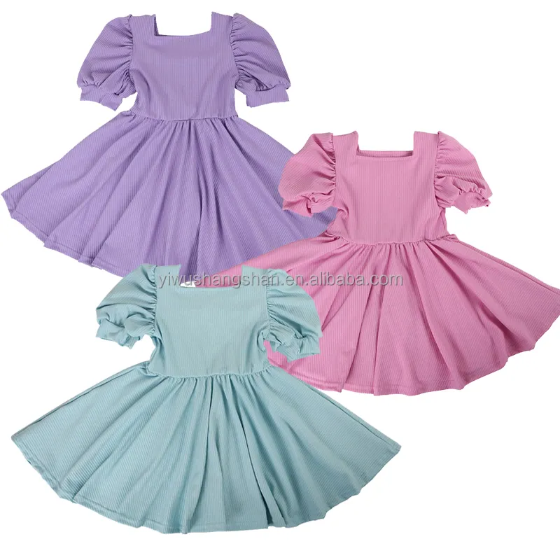 Customized Kids Girls Solid Square Collar Ribbed Dress Summer Short Sleeve Cute Princess Party Dress Baby Skirt