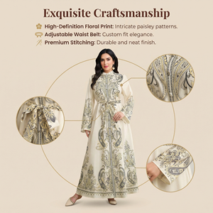 Abaya Estilo Dubái Color Marfil con Cinturón, Línea Boutique con Estampado Personalizado - Product Image 3