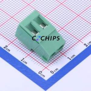 DB129R-5.0-2P-GN-S Screw Terminal Block Bent Lead Through Hole,P=5mm Connector 1x2P 5mm Green Right Angle Insert - Product Image 1
