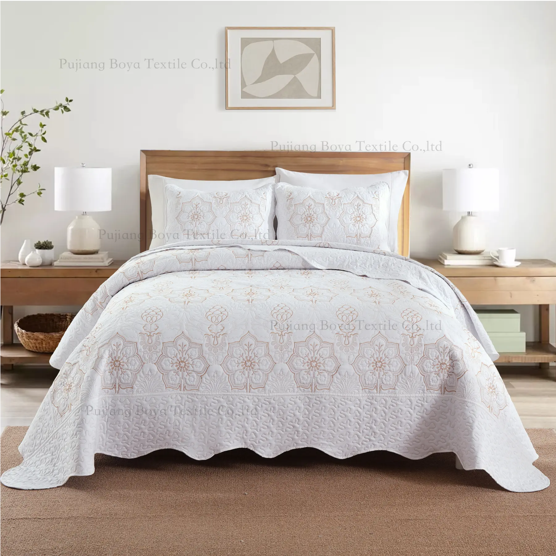 BORYARD New Style Damascus White Embroidery Bedspread Set For Bedroom Wholesale