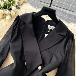Abiti da Donna Premium Doppiopetto a Vita Alta con Maniche Lunghe e Colletto a Risvolto, Neri e Plissettati - Product Image 3