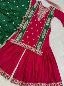 TRENDING CHINON SECUENCIA BORDADA DE SECUENCIA TRABAJO TOP SHARARA CON DUPATTA RANI - Product Image 3