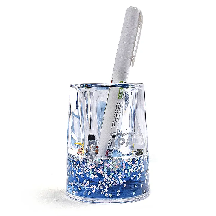 Fashionable style Acrylic Liquid Floating Round Holder Pen Pot with Glitter Desktop Stationery