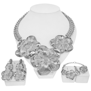 Silver-Tone Textured Flower Jewelry <strong>Chunky</strong> Chain Necklace Bracelet Earrings Ring Statement Jewelry for African Fashion &amp; Events - Product Image 1