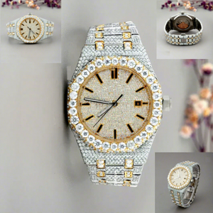Reloj de Hombre con Esfera de Cristal con Incrustaciones de Diamantes Moissanite en Oro Amarillo VVS1 de 40 mm, Brazalete de Acero Inoxidable con Cierre de Moissanite, Resistencia al Agua de 10 Bares - Product Image 1