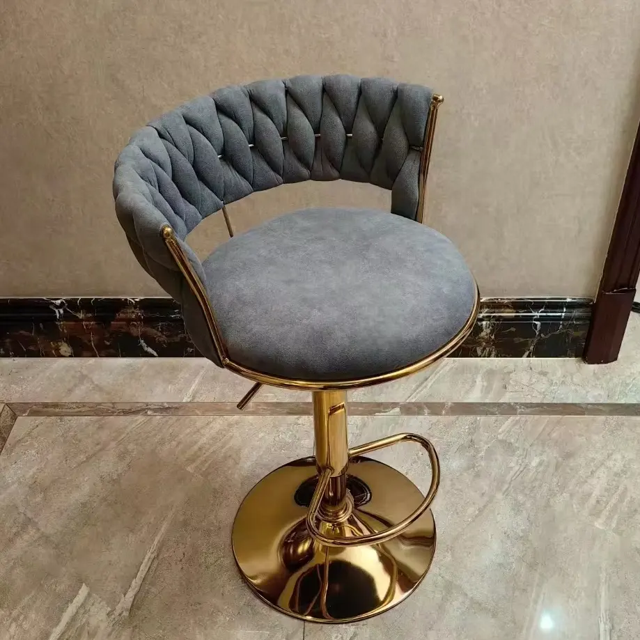 Wholesale Customized Modern Bar Chair Adjustable Gold Leg Woven Velvet Bar Height Stools Metal Bar Chair