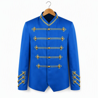 Blazer bleu unisexe avec garniture grenouillère dorée, col montant, veste uniforme à bandes, boutons à boule, tresse sur les manches, costumes de scène et de danse