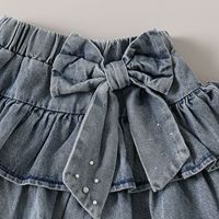 Ensemble de tenue d'été pour filles, t-shirt à patchwork avec strass, jupe bouffante en denim à nœud, vêtements décontractés