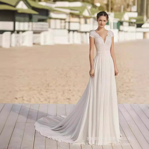 White Sheath Wedding Dress V-neck Lace Slim Fit Long Train Elegant Bridal Gown - Product Image 4