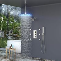 HOMEDEC Douche carrée 3 poignées en chrome poli avec LED 12 po pour plafond et mur, mitigeur 4 voies et jets corporels à main