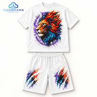 Ensemble deux pièces personnalisé unisexe avec t-shirt en coton mélangé tricoté respirant à imprimé numérique motif Lion de Rue Flammé et short à cordon de serrage
