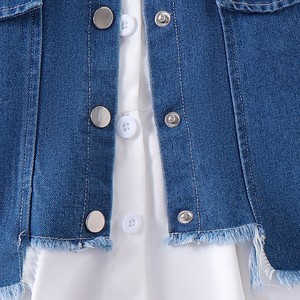 Vestido de Encaje Blanco de Manga Larga con Burbujas, Estilo Casual para Niñas, Primavera-Otoño, con Chaleco Vaquero Irregular, 2 Piezas, Ropa Infantil Nueva - Product Image 6