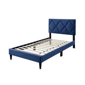 Modern Twin Size <b>Bed</b> Adjustable Headboard 1pc Box Spring Frame Eco-Friendly Durable <b>Pine</b> Wood Navy Blue Velvet Upholstered Youth - Product Image 3