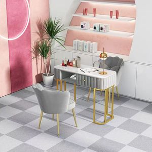 Table de manucure moderne en marbre rose et métal, mobilier de salon de beauté commercial - Product Image 1