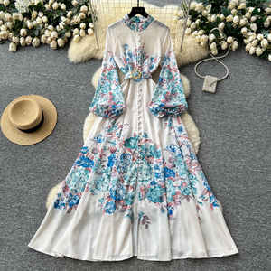 Verano Vintage túnica vendaje Casual Maxi vestido para mujer linterna manga imperio impreso vestido - Product Image 2
