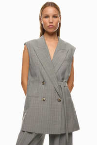 Oem produttore di abbigliamento personalizzato di alta qualità con colletto intaccato senza maniche doppio petto cravatta <span class=keywords><strong>gilet</strong></span> <span class=keywords><strong>gessato</strong></span> giacca da <span class=keywords><strong>donna</strong></span> - Product Image 2