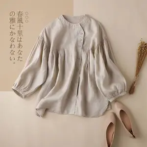 New Designs Women Balloon Sleeves Solid Color Blouse Oversized Linen Cotton Button Down Shirt