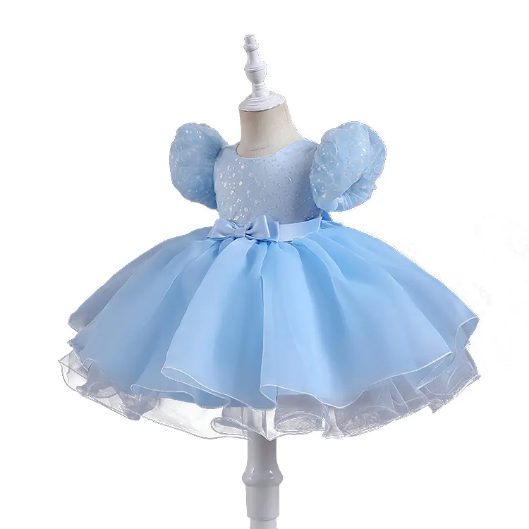 Fancy Puff Sleeve Chiffon Ribbon Gown Embroidered Princess 1 to 5 Years Old Kids Party Wear Children Wedding Dresses Girls