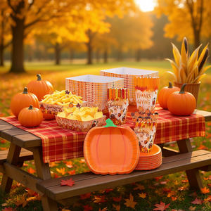 Ensemble de vaisselle pour fête de Thanksgiving, 134 pièces, assiettes en forme de citrouille, boîtes à popcorn, plateaux alimentaires, kit de repas jetable pour l'automne - Product Image 2